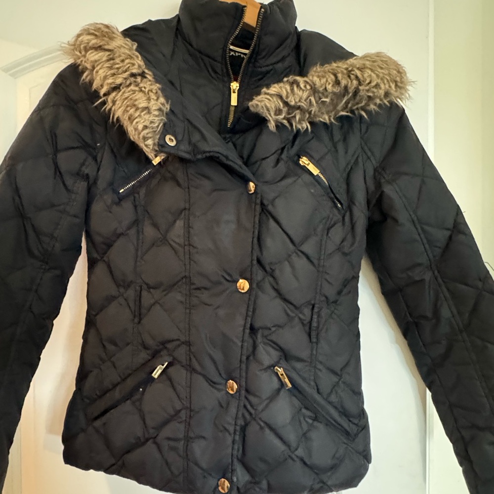 Express Black Ski Jacket with Quilted Design and Fur Trim